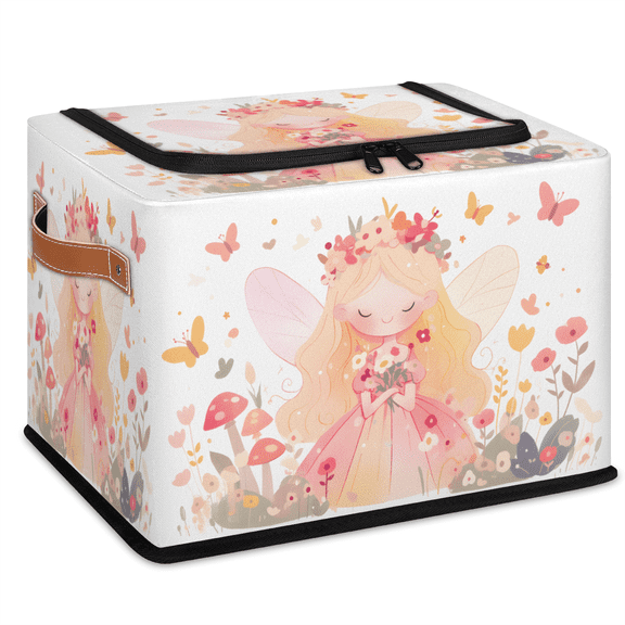 CURLYOOT Spring Flower Elf Storage Bin with Zipper Lid, Floral Butterfly Fabric Storage Basket with Handles, Decorative Foldable Storages Box Clothes Organizer for Closet, Shelf