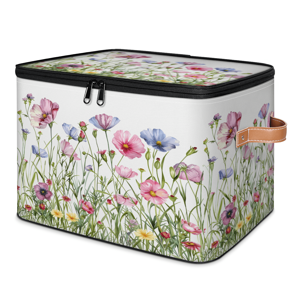 CURLYOOT Spring Flowers Fabric Storage Bins with Lids, Colorful Flower Foldable Storage Boxes Washable Storage Cube, Closet Bedroom Home Organizer Containers with PU Leather Handles