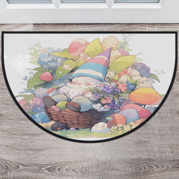 CURLYOOT Spring Gnome Easter Egg Half Round Door Mat 24'' x 36'', Indoor Outdoor Entrance Rug, Semi Circular Area Rug, Non Slip Washable Absorbent Doormat, Laundry Room Rug