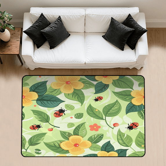 CURLYOOT Spring Rug for Living Room Bedroom, 4x6 Ft Washable Area Rug, Non Slip Rugs for Entryway, Ladybugs Large Carpet for Indoor Dining Room