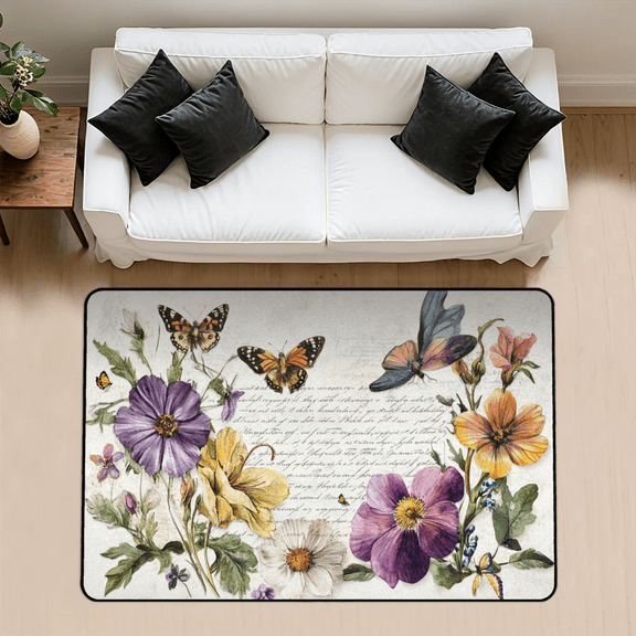 CURLYOOT Spring Summer Flower and Letter Area Rug 3x5 Ft Rugs for Entryway Entrance Kitchen, Washable Non Slip Indoor Floor Carpet for Bedroom Living Room