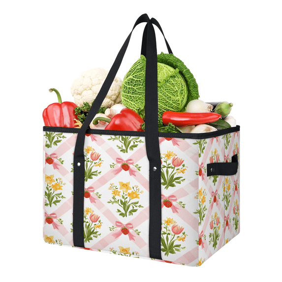 CURLYOOT Spring Summer Flower Reusable Grocery Bag, Foldable Shopping Tote Bag with Reinforced Handles, Lovely Floral Large Kitchen Grocery Bags for Shopping Groceries Picnic