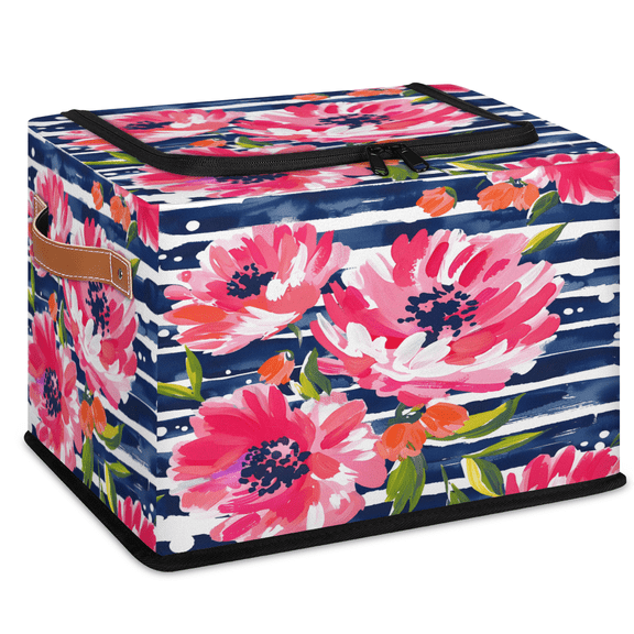 CURLYOOT Spring Summer Flowers Storage Bin With Zipper Lid, Foldable Clothes Organizer Lidded Storage Baskets, Rectangular Box Closet Shelf Organizer