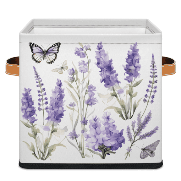 CURLYOOT Spring Summer Lavender Purple 11 x 11 Inch Cube Storage Bin, Decorative Storage Cube Foldable Basket with Leather Handle, Fabric Bin for Closet Shelves Home Organizer