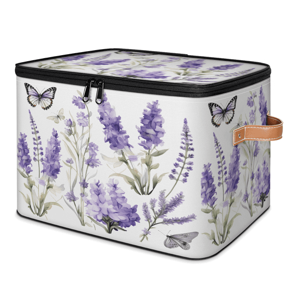 CURLYOOT Spring Summer Lavender Purple Storage Bin with Zipper Lid, Fabric Decorative Lidded Storage Baskets Boxes, Foldable Organizer Container Basket for Bedroom Closet Shelf