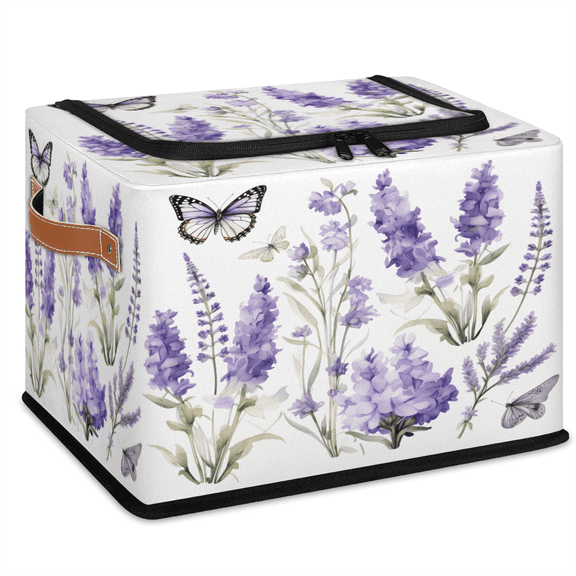 CURLYOOT Spring Summer Lavender Purple Storage Bin with Zipper Lid, Foldable Clothes Organizer Lidded Storage Baskets, Rectangular Box Closet Shelf Organizer for Living Room Bedroom Home