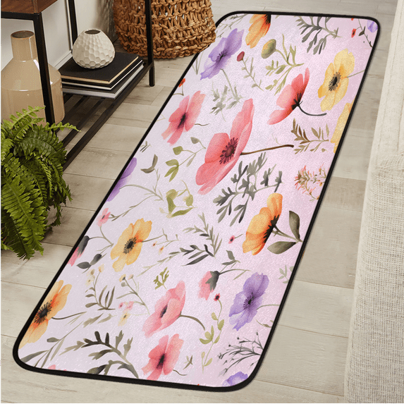CURLYOOT Spring Summer Pinks Wildflowers Runner Rug 2'x6' Washable Kitchen Runner Rug Indoor Non Slip Laundry Rugs Floor Carpet for Hallway Kitchen Entryway Bedroom Living Room