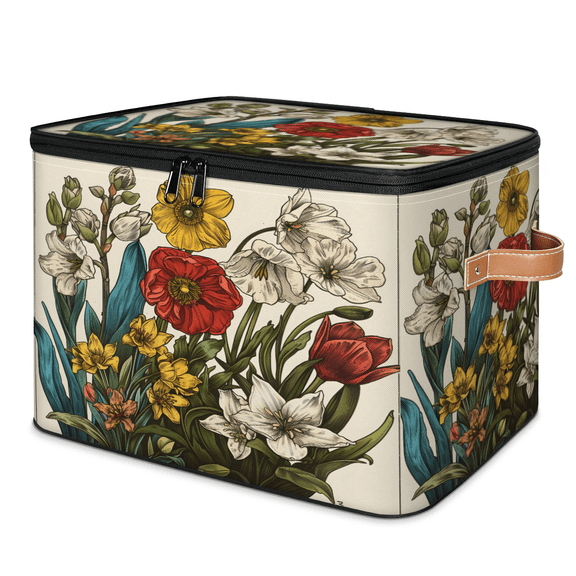 CURLYOOT Spring Watercolor Red Poppy Fabric Storage Bins with Lids, Flower Theme Foldable Storage Boxes Washable Storage Cube, Closet Bedroom Home Organizer Containers with Handles