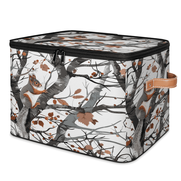 CURLYOOT Squirrel Fabric Storage Bins with Lids, Fall Birch Trees Foldable Storage Boxes Washable Storage Cube, Closet Bedroom Home Organizer Containers with PU Leather Handles
