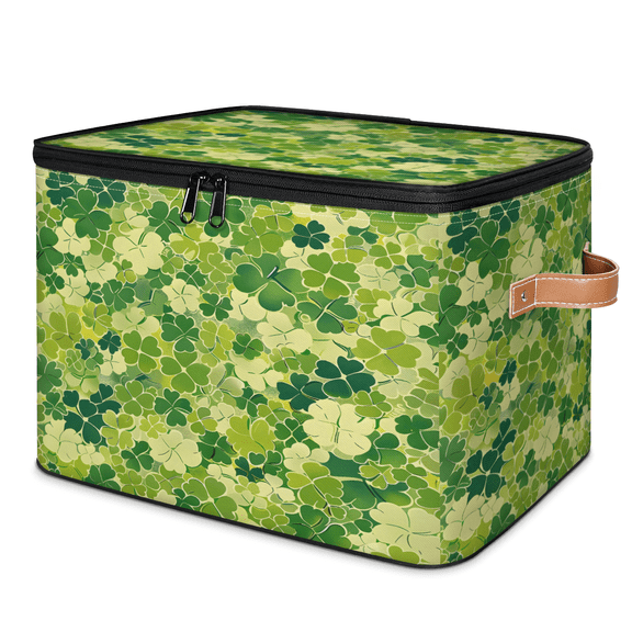 CURLYOOT St. Patrick's Day Fabric Storage Bins with Lids, Shamrock Clover Foldable Storage Boxes Washable Storage Cube, Closet Bedroom Home Organizer Containers with PU Leather Handles