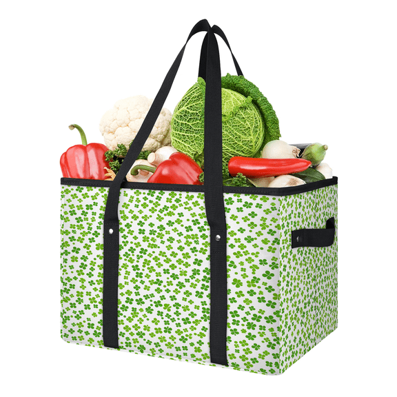 CURLYOOT St. Patrick's Day Reusable Grocery Bag, Large Foldable Grocery Totes Shopping Bag for Groceries, Green Shamrock Clover Leaves Shopping Bags with Handles for Kitchen Trunk Picnic