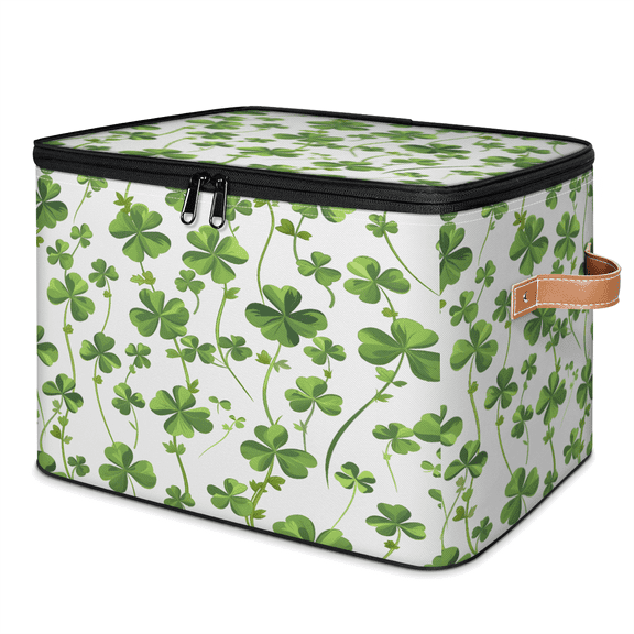 CURLYOOT St. Patrick's Day Storage Bins with Zipper Lid Fabric Storage Baskets Boxes Shamrock Leaf Washable Foldable Clothes Organizer Container with Leather Handles for Shelves Closet