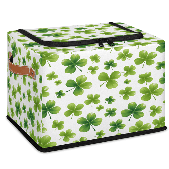 CURLYOOT St Patricks Day Lucky Clover Storage Bin With Zipper Lid, Foldable Clothes Organizer Lidded Storage Baskets, Rectangular Box Closet Shelf Organizer
