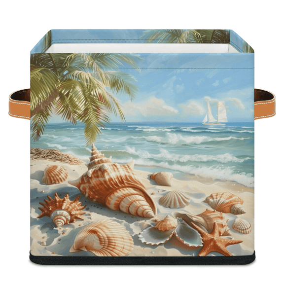 CURLYOOT Starfish Beach Cube Storage Bin 11 Inch Fabric Storage Cube for Shelves Decorative Seashell Palm Tree Foldable Basket with Leather Handle for Closet Shelves Organizer
