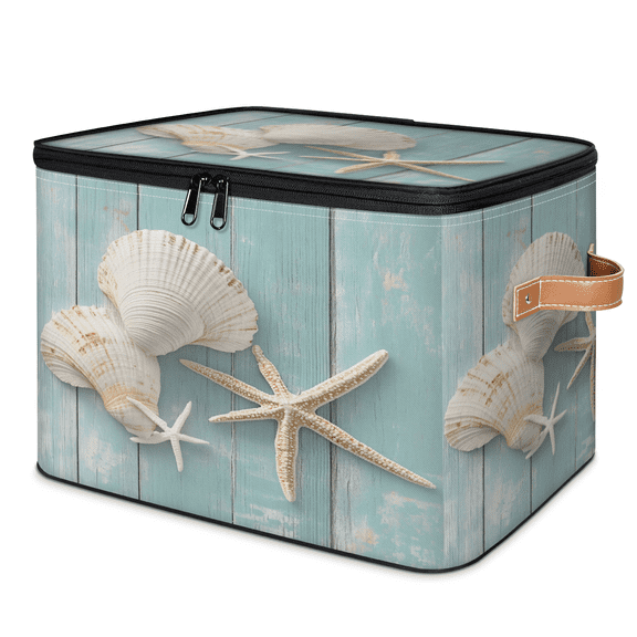 CURLYOOT Starfish Coral Nautical Light Blue Storage Bins with Lid, Decorative Fabric Storage Boxes, Foldable Closet Shelf Organizer Baskets for Bedroom, Living Room, Home