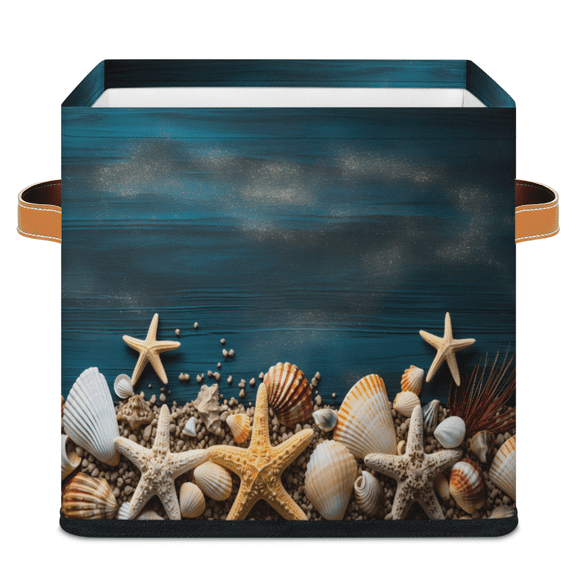 CURLYOOT Starfish Seashell 11 x 11 Inch Cube Storage Bin, Fabric Storage Cube Foldable Basket with Leather Handles, Organizer Basket for Closet Shelves