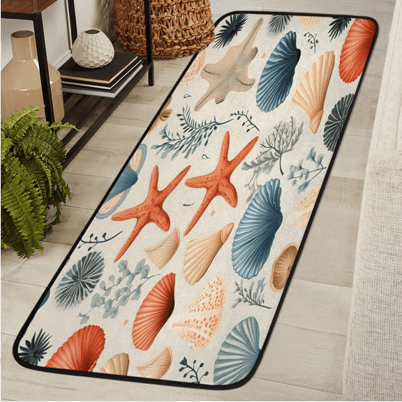 CURLYOOT Starfish Seashell Beach Themed Runner Rug 2'x6' Washable Kitchen Runner Rug Indoor Non Slip Laundry Rugs Floor Carpet for Hallway Kitchen Entryway Bedroom Living Room