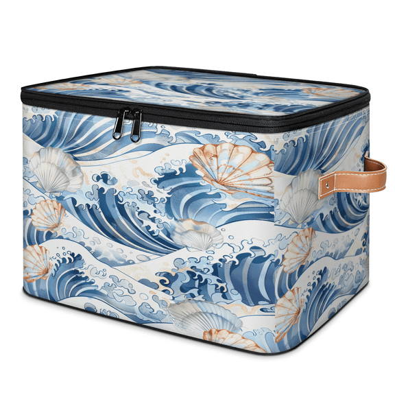 CURLYOOT Starfish And Seashell Fabric Storage Bins with Lids, Nautical Ocean Beach Coral Coastal Foldable Storage Boxes Washable Storage Cube, Closet Bedroom Home Organizer Containers