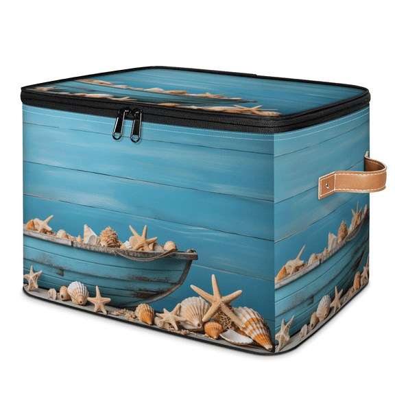 CURLYOOT Starfish Seashell Storage Bins with Zipper Lid Fabric Storage Baskets Boxes Blue Wooden Washable Foldable Clothes Organizer Container with Leather Handles for Shelves Closet