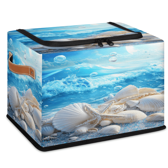 CURLYOOT Starfish and Seashells Beach Sea Storage Bin with Zipper Lid, Foldable Clothes Organizer Lidded Storage Baskets, Rectangular Box Closet Shelf Organizer