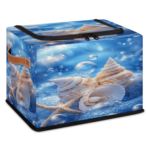 CURLYOOT Starfish and Seashells Fancy Storage Bin with Zipper Lid, Foldable Clothes Organizer Lidded Storage Baskets, Rectangular Box Closet Shelf Organizer