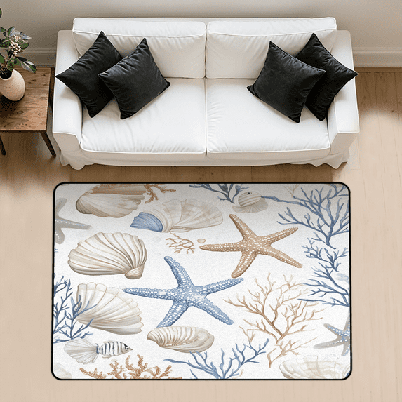 CURLYOOT Starfish and Seashells Ocean Coral Beige Area Rug 3x5 Ft Rugs for Entryway Entrance Kitchen, Washable Non Slip Indoor Floor Carpet for Bedroom Living Room