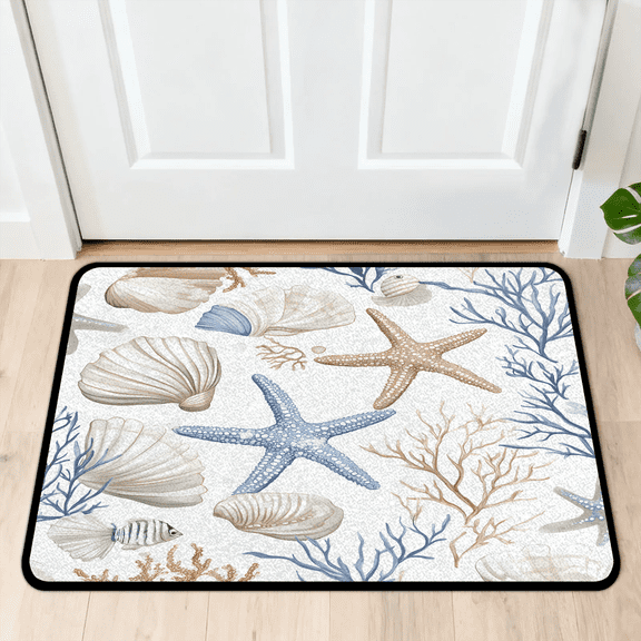 CURLYOOT Starfish and Seashells Ocean Coral Beige Front Door Mat, Washable Non-Slip Door Mat, Indoor Outdoor Floor Mats Absorbent Welcome Doormat for Entrance 20" x 30"