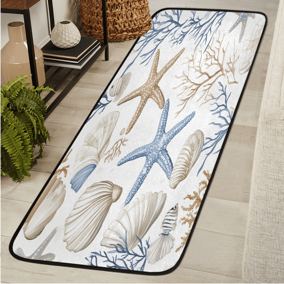 CURLYOOT Starfish and Seashells Ocean Coral Beige Runner Rug 2'x6' Washable Kitchen Runner Rug Indoor Non Slip Laundry Rugs Floor Carpet for Hallway Kitchen Entryway Bedroom Living Room