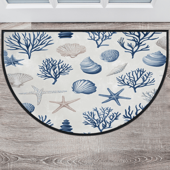 CURLYOOT Starfish and Seashells Ocean Coral Half Round Door Mat 40'' x 63'', Indoor Outdoor Entrance Rug, Semi Circular Area Rug, Non Slip Washable Absorbent Doormat, Laundry Room Rug