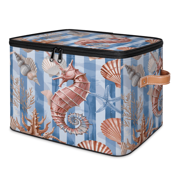 CURLYOOT Starfish Shell And Seahorse Fabric Storage Bins with Lids, Beach Theme Foldable Storage Boxes Washable Storage Cube, Closet Bedroom Home Organizer Containers with Handles
