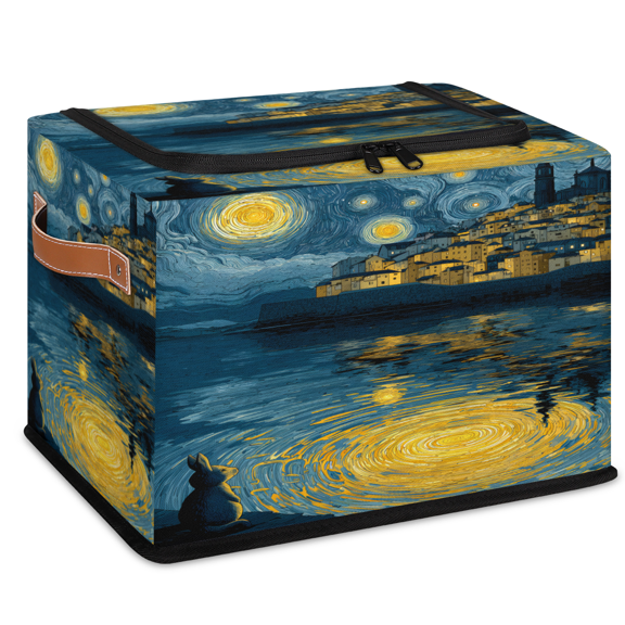 CURLYOOT Starry Sky with River Rabbit Animal Storage Bin with Zipper Lid, Foldable Clothes Organizer Lidded Storage Baskets, Rectangular Box Closet Shelf Organizer for Living Room Bedroom Home