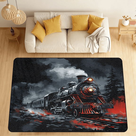 CURLYOOT Steam Engine Old Train Area Rugs for Living Room Bedroom, 4' 10" x 6' 8" Washable Rug, Floor Carpet with Non Slip Backing for Dining Room Indoor