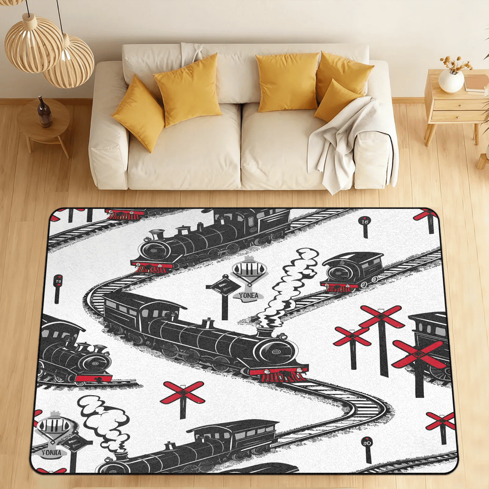 CURLYOOT Steam Train Vintage Area Rugs 5'x7' Washable Rug Large Living ...