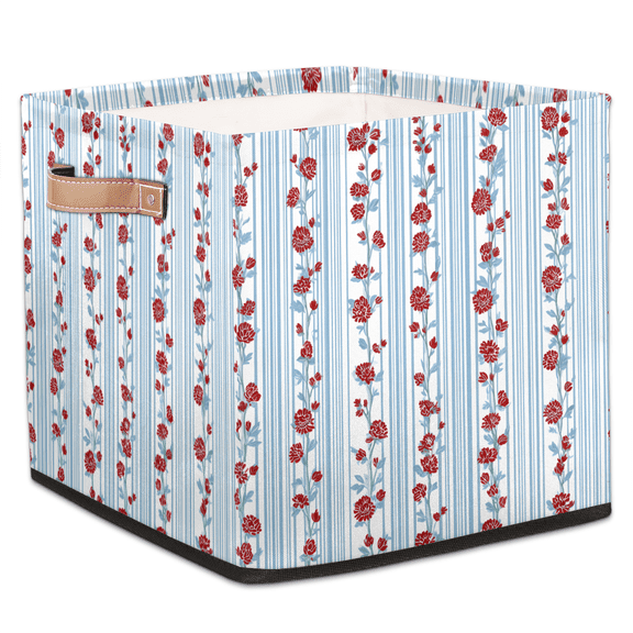 CURLYOOT Striped with Red Flower Cube Storage Bin, 13 x 13 x 13 Storage Cube Bins for Organizing, Fabric Foldable Closet Baskets with Handles for Closet, Shelves, Clothes