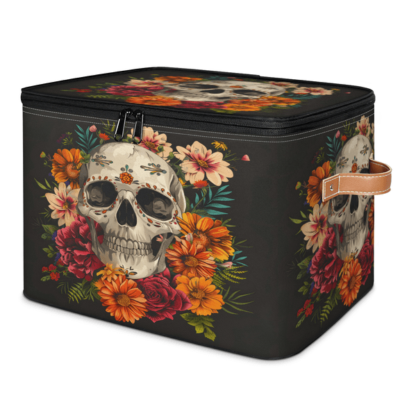 CURLYOOT Sugar Flower Skull Fabric Storage Bins with Lids, Floral Gothic Foldable Storage Boxes Washable Storage Cube, Closet Bedroom Home Organizer Containers with PU Leather Handles
