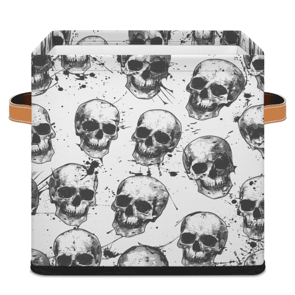 CURLYOOT Sugar Skeleton Cube Storage Bin 11 Inch Fabric Storage Cube for Shelves Decorative Black White Skull Foldable Basket with Leather Handle for Closet Shelves Organizer