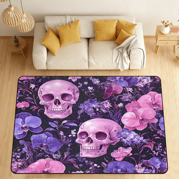 CURLYOOT Sugar Skull Area Rugs 5'x7' Washable Rug Large Living Room Rug Non Slip Poppy Floral Indoor Floor Carpet for Dining Room Bedroom Home