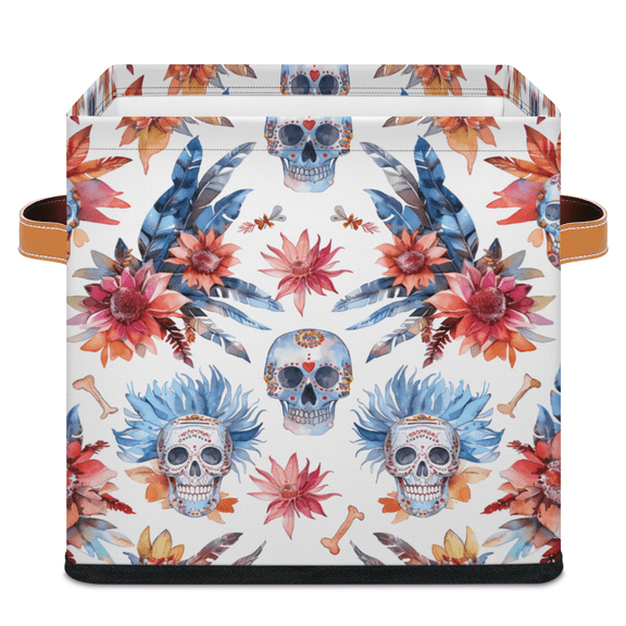 CURLYOOT Sugar Skull Cube Storage Bin 11 Inch Fabric Storage Cube for Shelves Decorative Tropics Flower Feather Foldable Basket with Leather Handle for Closet Shelves Organizer