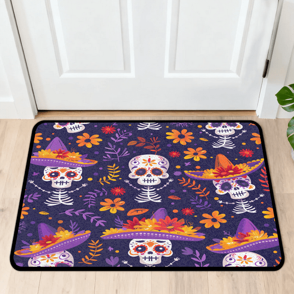 CURLYOOT Sugar Skull Indoor Doormat, Non-Slip Absorbent Door Mat 24" x 16", Halloween Flower Entrance Floor Mat Washable Entry Doormats for Entryway Front Back Door