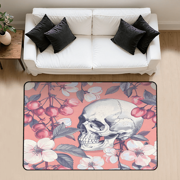CURLYOOT Sugar Skull Rug for Living Room Bedroom, 4x6 Ft Washable Area Rug, Non Slip Rugs for Entryway, Cherry Blossom Flower Large Carpet for Indoor Dining Room