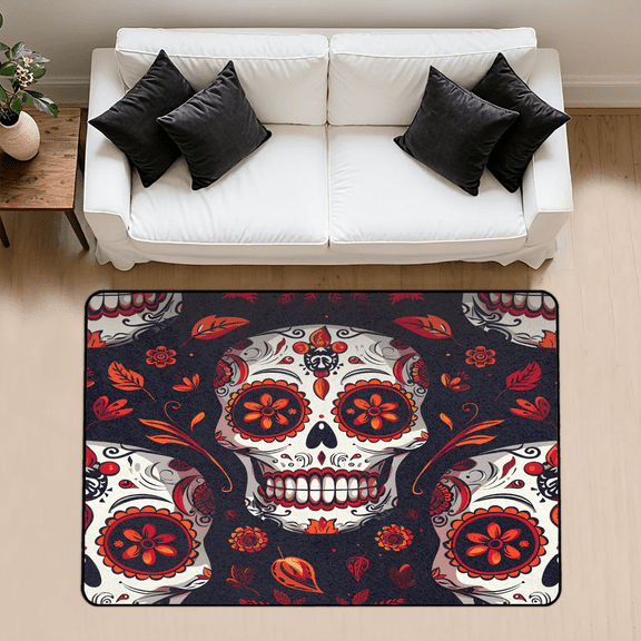 CURLYOOT Sugar Skull Rug for Living Room Bedroom, 4x6 Ft Washable Area Rug, Non Slip Rugs for Entryway, Mexican Floral Skeleton Large Carpet for Indoor Dining Room