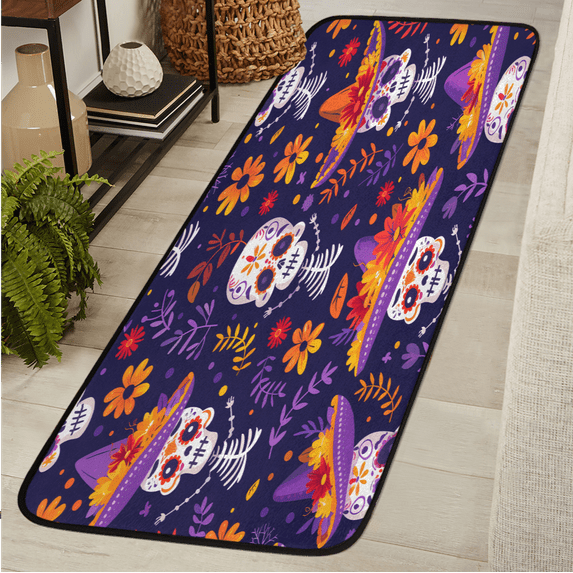 CURLYOOT Sugar Skull Runner Rug 2'x6' Washable Kitchen Runner Rug Indoor Non Slip Laundry Rugs Halloween Flower Floor Carpet for Hallway Kitchen Entryway Bedroom Living Room
