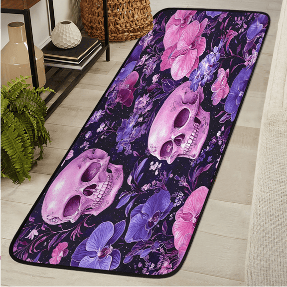 CURLYOOT Sugar Skull Runner Rug 2'x6' Washable Kitchen Runner Rug Indoor Non Slip Laundry Rugs Poppy Floral Floor Carpet for Hallway Kitchen Entryway Bedroom Living Room