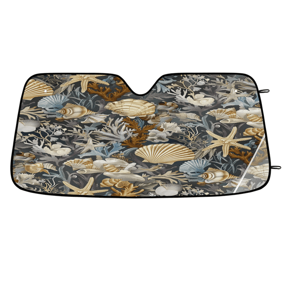 CURLYOOT Summer Beach Seashell Car Windshield Sun Shade, Foldable Front Window Sunshade Blocks UV Rays, Shell Beach Window Shades for Car SUV Truck, 55 x 27.5 Inch