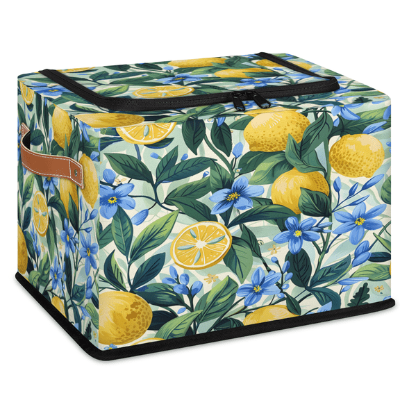 CURLYOOT Summer Lemon Storage Bin with Zipper Lid Foldable Storage Basket Box Blue Flower Clothes Organizer Container for Closet, Shelf, Bedroom, Home Decor