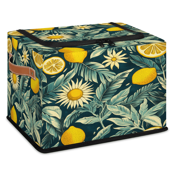 CURLYOOT Summer Lemon Storage Bin with Zipper Lid Foldable Storage Basket Box Tropical Leaves Clothes Organizer Container for Closet, Shelf, Bedroom, Home Decor