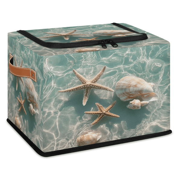 CURLYOOT Summer Sea Seashell Starfish Storage Bin With Zipper Lid, Foldable Clothes Organizer Lidded Storage Baskets, Rectangular Box Closet Shelf Container Organizer for Home Dorm