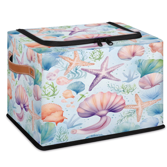 CURLYOOT Summer Seashells Sea Shell Beach Storage Bin with Zipper Lid, Foldable Clothes Organizer Lidded Storage Baskets, Rectangular Box Closet Shelf Organizer for Living Room Bedroom Home