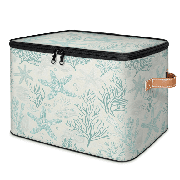 CURLYOOT Summer Teal Seashell Starfish Coral Storage Bins with Lid, Decorative Fabric Storage Boxes, Foldable Closet Shelf Organizer Baskets for Bedroom, Living Room, Home