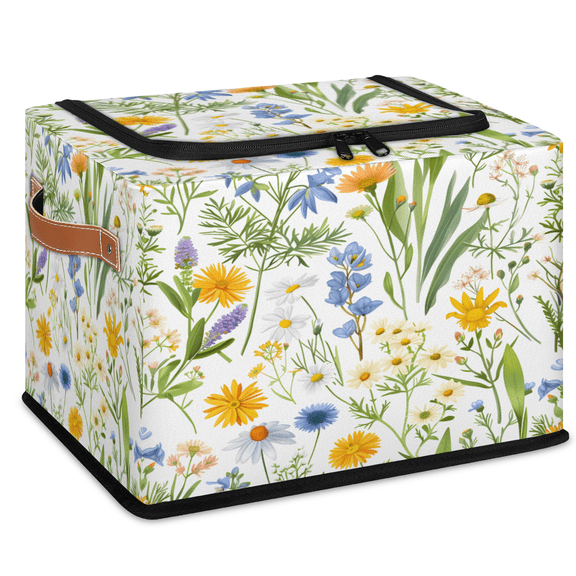 CURLYOOT Summer Wildflower Storage Bin With Zipper Lid, Foldable Clothes Organizer Lidded Storage Baskets, Rectangular Box Closet Shelf Organizer
